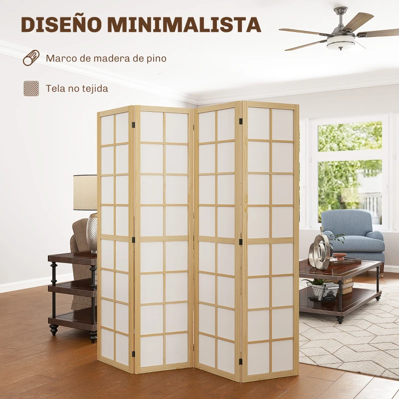 HOMCOM Biombo de 4 Paneles Plegable con Marco de Madera 160x170 cm para Dormitorio Oficina Salón Natural