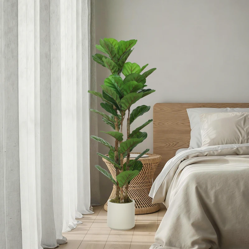 HOMCOM Plante artificielle intérieure 120 cm Figuier lyre arbre artificiel avec pot en plastique et tronc en bois massif, vert