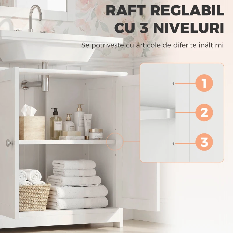 kleankin Dulap Sub Chiuvetă cu 2 Uși, Raft Reglabil și Decupaj în Formă de U, 60x30x60 cm, Alb(m-7)