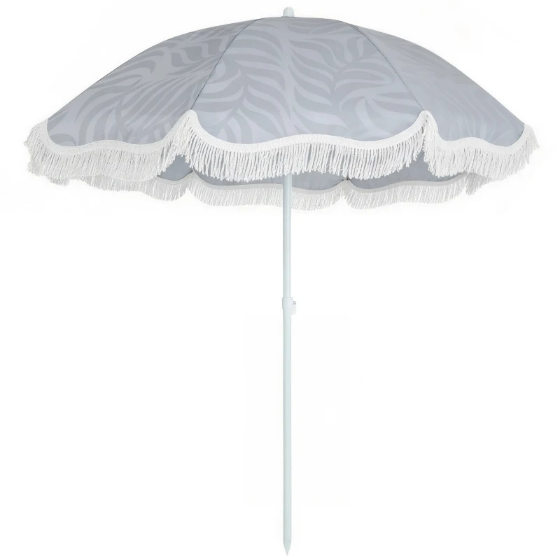 Outsunny 1.8 m Beach Umbrella Parasol with Sand Anchor, Portable Tilting Garden Parasol with Adjustable Height, Light Grey