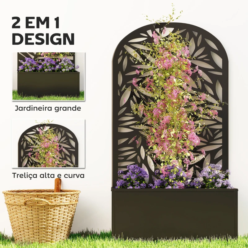 Outsunny Floreira com Painel Decorativo Curvo de Folhas em Metal e Opção de Montagem na Parede 61x23x113 cm Preto