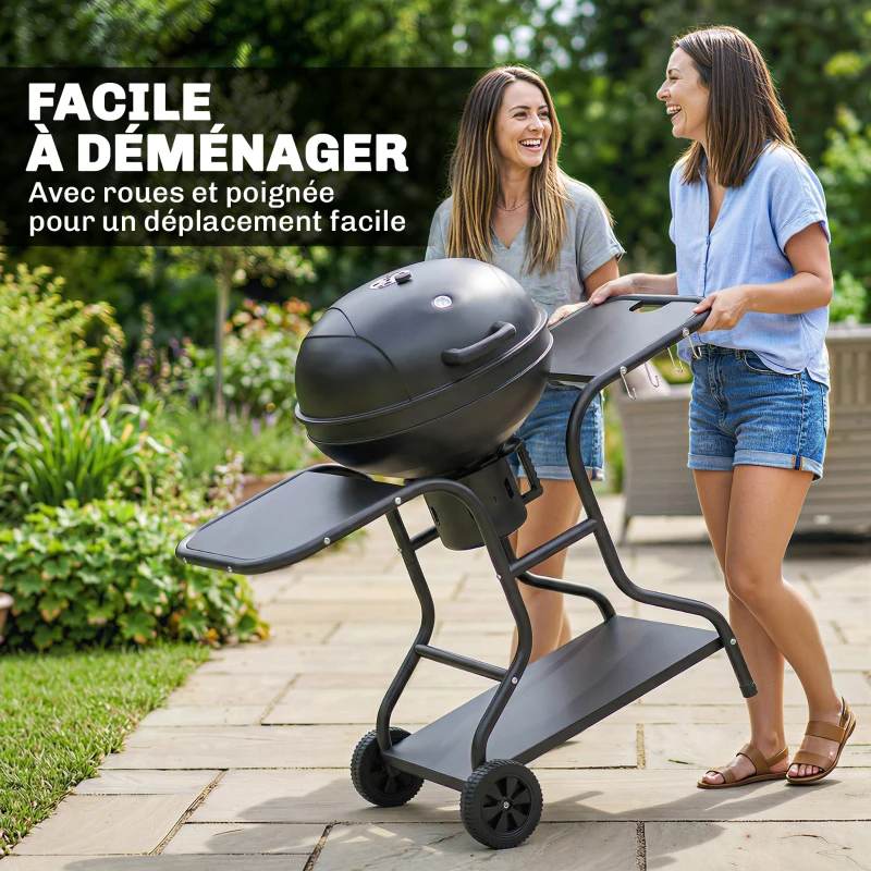 Outsunny Barbecue à charbon Rond avec couvercle Barbecue Rond Extérieur avec Thermomètre, 129 x 63,5 x 106,5 cm, Noir