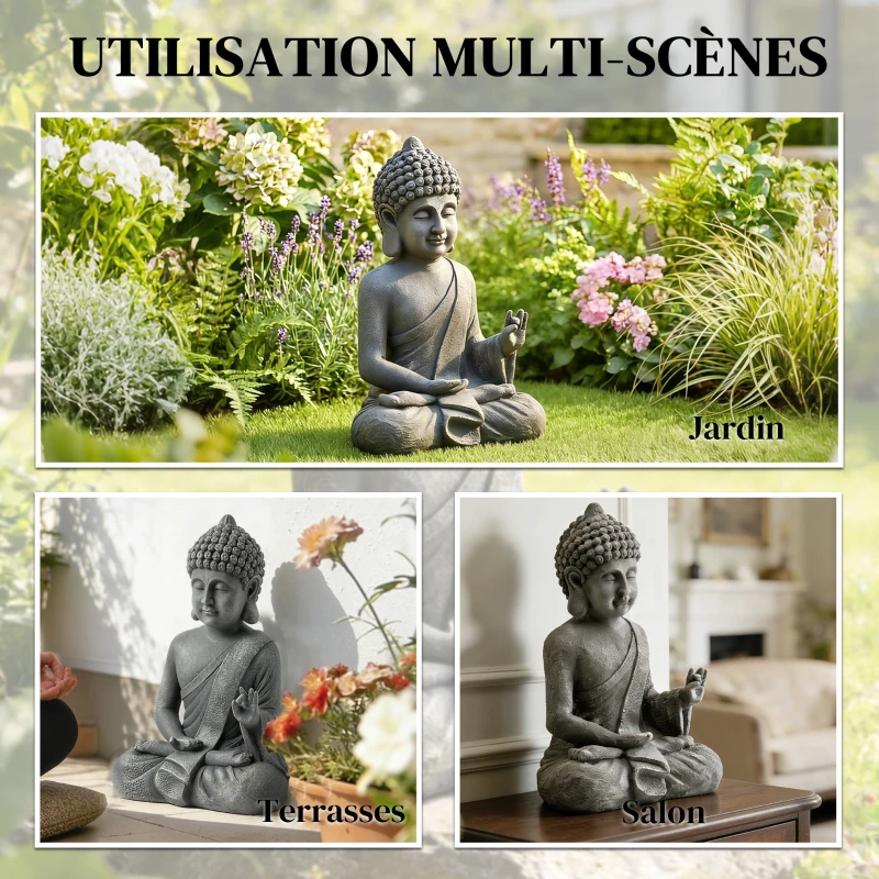 Outsunny Statue de Jardin, Sculpture de Bouddha Assis en Oxyde de Magnésium, Décoration Spirituelle 32 x 23 x 51 cm, Gris Foncé