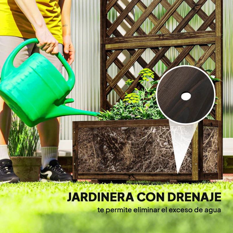 Outsunny Jardinera con Enrejado de Madera Macetero de Jardín con Soporte para Trepadora 72,5x31,5x149,5 cm Carbonizado
