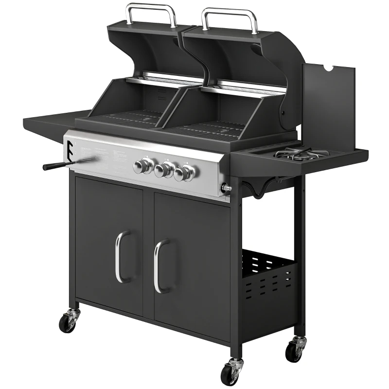 Outsunny 2+1 Burner Hybrid Dual Fuel BBQ Gas Grill, 2-in-1 Propane & Charcoal Barbecue Grill Smoker Combo with Wheels, Black