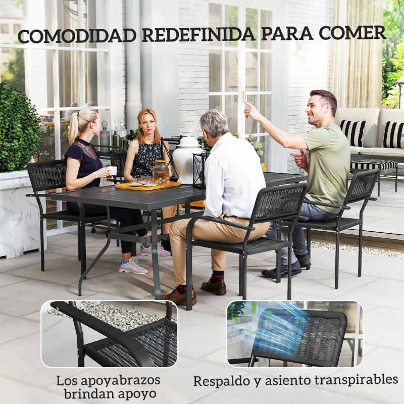 Outsunny Juego de 4 Sillas de Jardín Exterior Apilables con Reposabrazos Respaldo y Marco de Acero 55x60x83 cm Negro