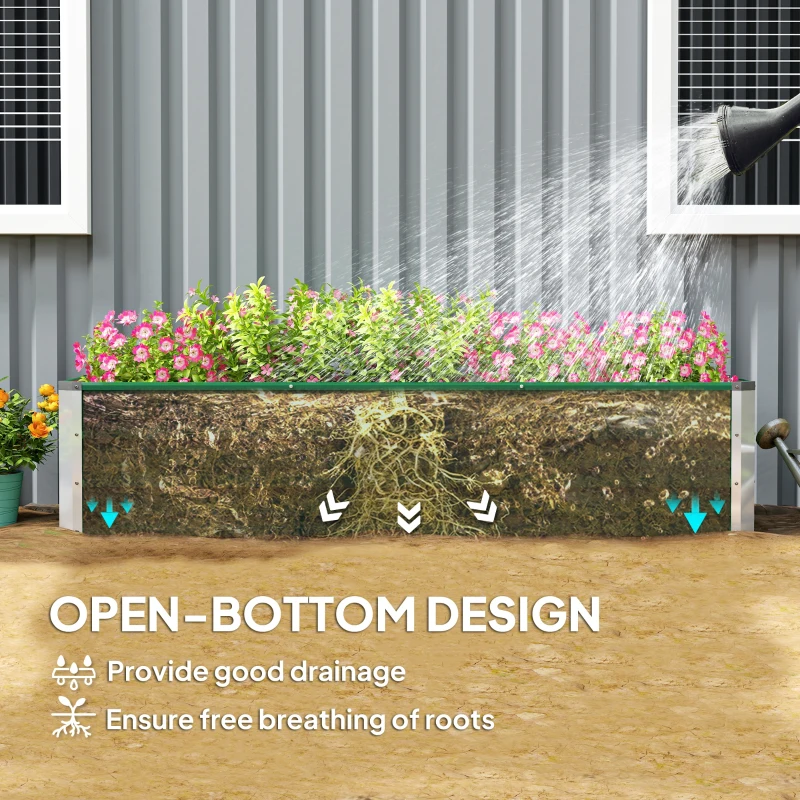 Outsunny Stalowa donica ogrodowa z 3 osobnymi obszarami do uprawy, otwarty dół, prosty montaż, 183 x 47 x 40cm, Zielony