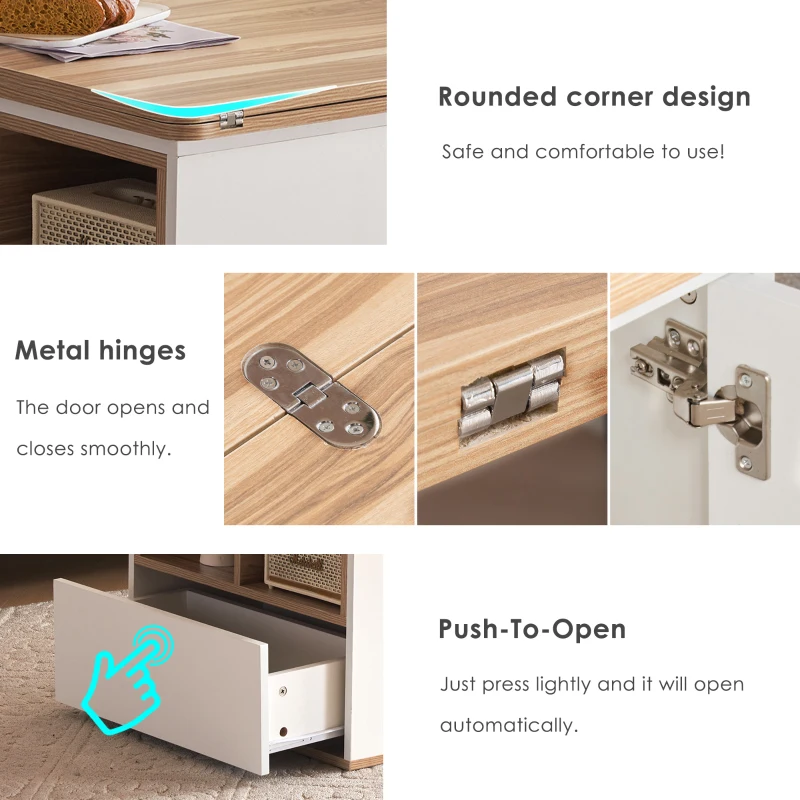 Lift-Top Coffee Table with Storage, 3 Drawers and Adjustable Height, 100x51x47 cm, White & Oak