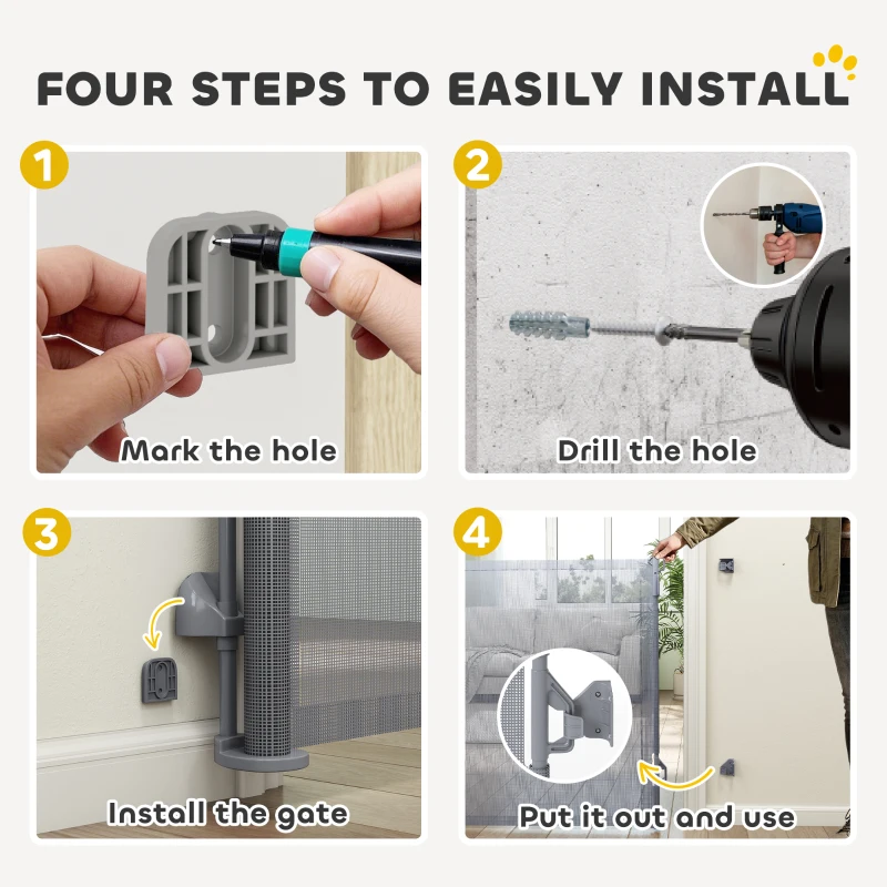 PawHut Retractable Dog Gate, Extends to 140 cm Wide & 93 cm Tall, Mesh Pet Gate with Single Hand Operation, for Stairs Doorways