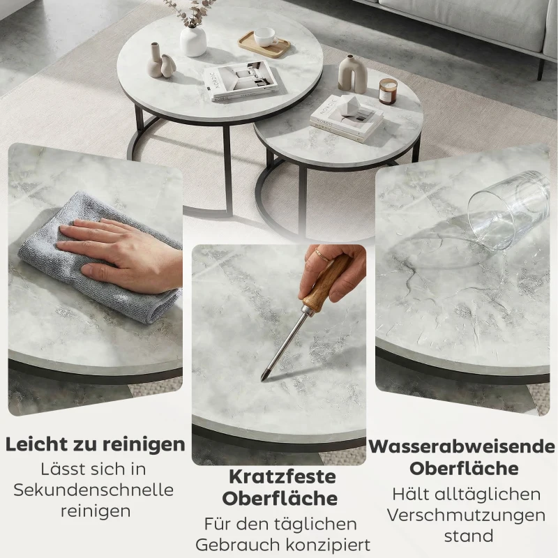 HOMCOM Couchtisch-Set, 2 runde Satztische, Industriedesign, Metallgestell, Betonoptik/Schwarz