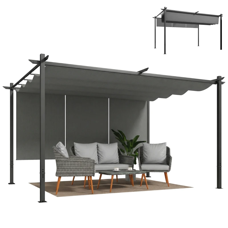 Outsunny Pérgola com Teto Retrátil de 390x293x220 cm Pérgola de Parede ou Independente com Lados Enroláveis Proteção UV30+ Cinzento