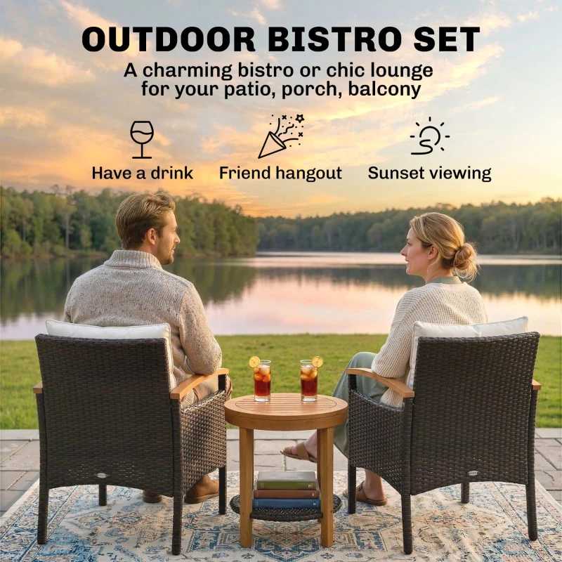 Outsunny Rattan Bistroset 3-delig FSC tuinmeubelset met 2 stoelen, 2-niveau houten tafel, dikke wasbare kussens