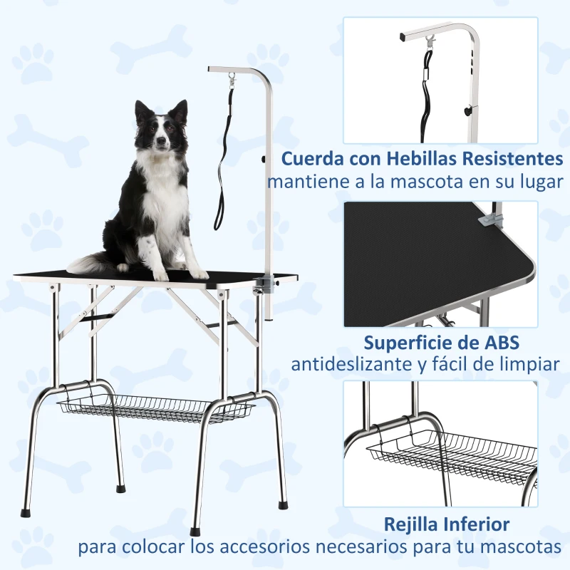 PawHut Mesa de Peluquería para Mascotas Mesa de Aseo Plegable con Patas de Acero Inoxidable Estable Aguilón Ajustable Estante de Almacenaje Carga 150 kg 90x60x75 cm Negro