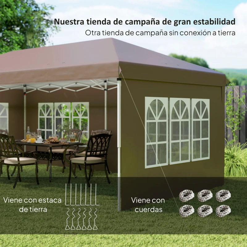 Outsunny Carpa Plegable 6x3 m Pop-up con 4 Laterales Desmontables Cenador de Jardín con 4 Ventanas y Bolsa de Transporte Café