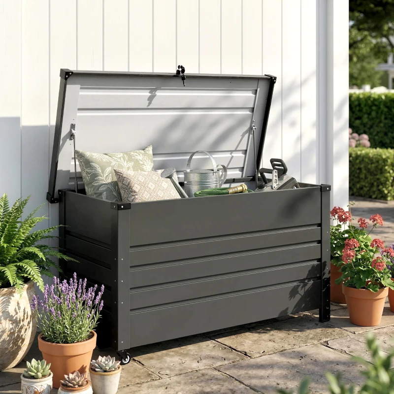 Outsunny Caja 430 L, Caja metálica con tapa con cerradura, ruedas, asas laterales, Gris