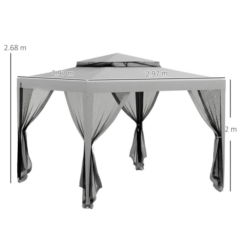 Outsunny 3 x 3 m Gazebo, Netting Party Tent, Patio Canopy Outdoor Event Shelter with Double Tier Roof, Light Grey