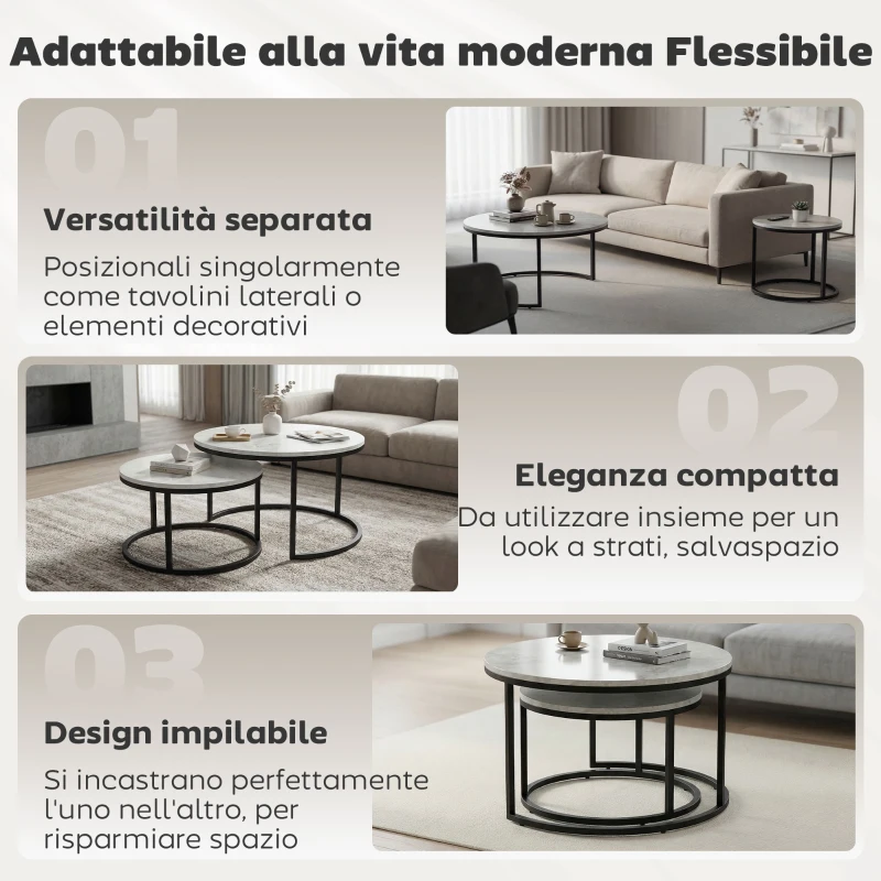 HOMCOM Set 2 Tavolini da Caffè Sovrapponibili Rotondi in Metallo e MDF Effetto Marmo, Grigio e Nero