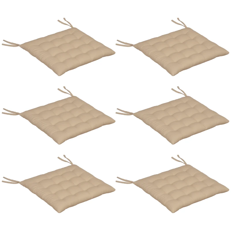 Outsunny Conjunto de 6 Almofadas para Cadeiras de Jantar 40x40 cm 6 peças Almofadas para Cadeiras de Jardim Acolchoadas com Fitas Cáqui