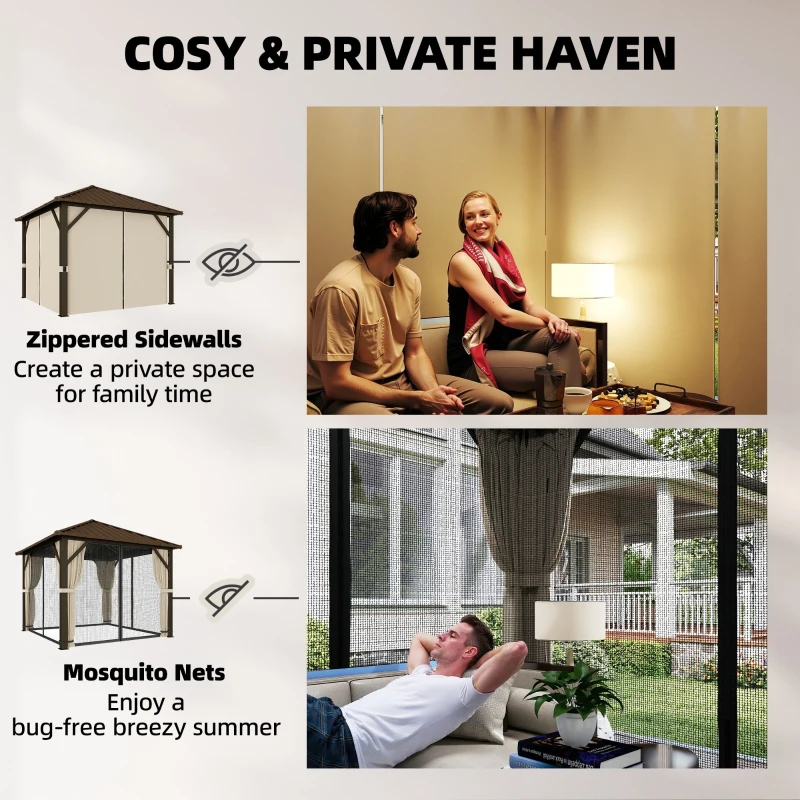 Outsunny Pawilon ogrodowy ok. 3 x 3 m aluminiowy z twardym dachem, moskitierą i 4 ścianami bocznymi, UPF50+