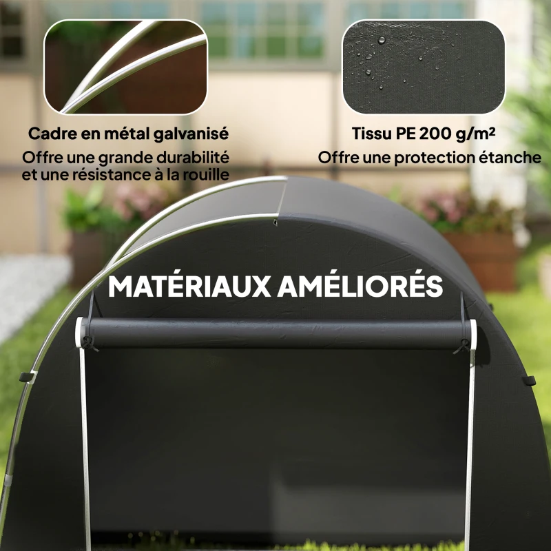 Outsunny Abri de jardin tente de stockage étanche abri moto porte enroulable fermeture éclair, 245 x 120 x 200 cm, gris foncé
