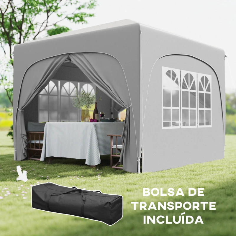 Outsunny Tenda Dobrável 3x3 m com Painéis Laterais UPF50+ Tenda de Jardim com Altura Ajustável e Bolsa de Transporte Cinza Claro
