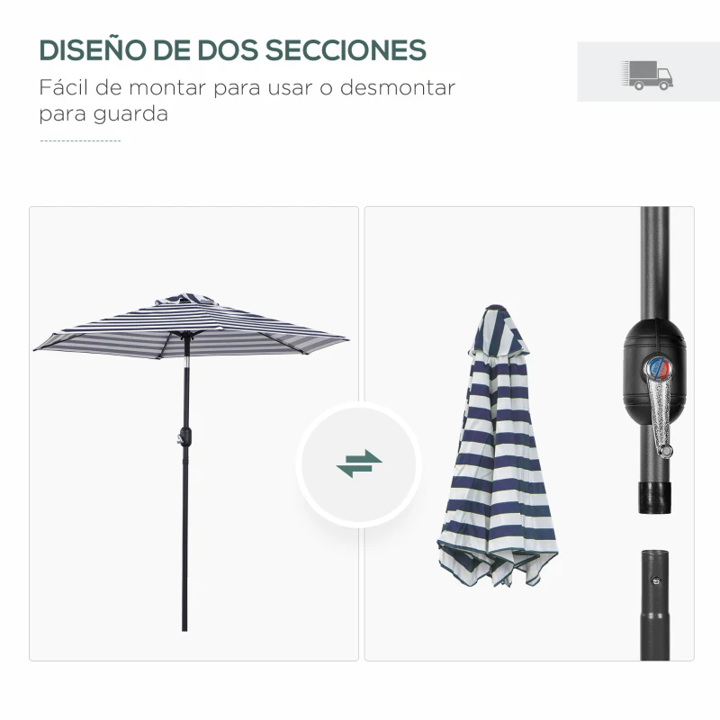 Outsunny Sombrilla de Jardín Ø230x216 cm con Apertura Manual Ángulo Ajustable e Impermeable para Terraza Piscina Azul y Blanco