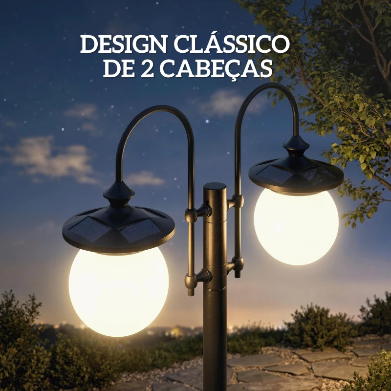 Outsunny Candeeiro Solar de Exterior com Vaso 2 Cabeçais Impermeável IP44 Ligação Automática Altura Ajustável