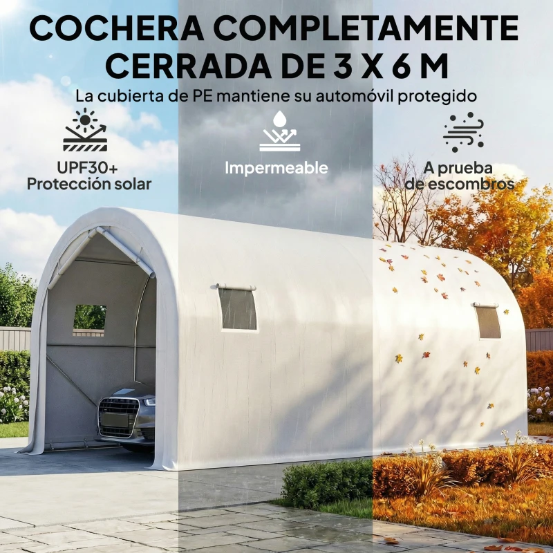Outsunny Garaje Exterior para Coche 3x6 m Impermeable con Tejido PE Resistente Marco de Metal Galvanizado UPF 30+ Blanco