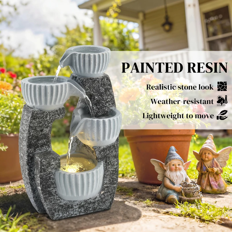 Outsunny 4-Tier Bowl Water Feature, Indoor Outdoor Garden Water Fountain with Pump and LED Lights, Resin Cascading Waterfall