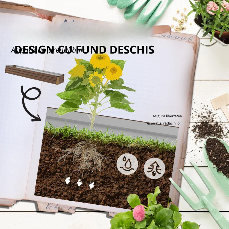 Outsunny Pat pentru Grădină Înălțat 405L, Jardinieră pentru Balcon din Oțel Galvanizat cu Fund Deschis, pentru Plante, Flori și Legume, 240x60x30 cm, Aspect Lemn Închis