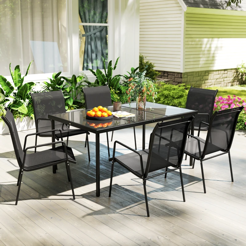 Outsunny Ensemble de jardin 6 pers. 6 chaises empilables table plateau verre trempé 5 mm métal époxy textilène noir