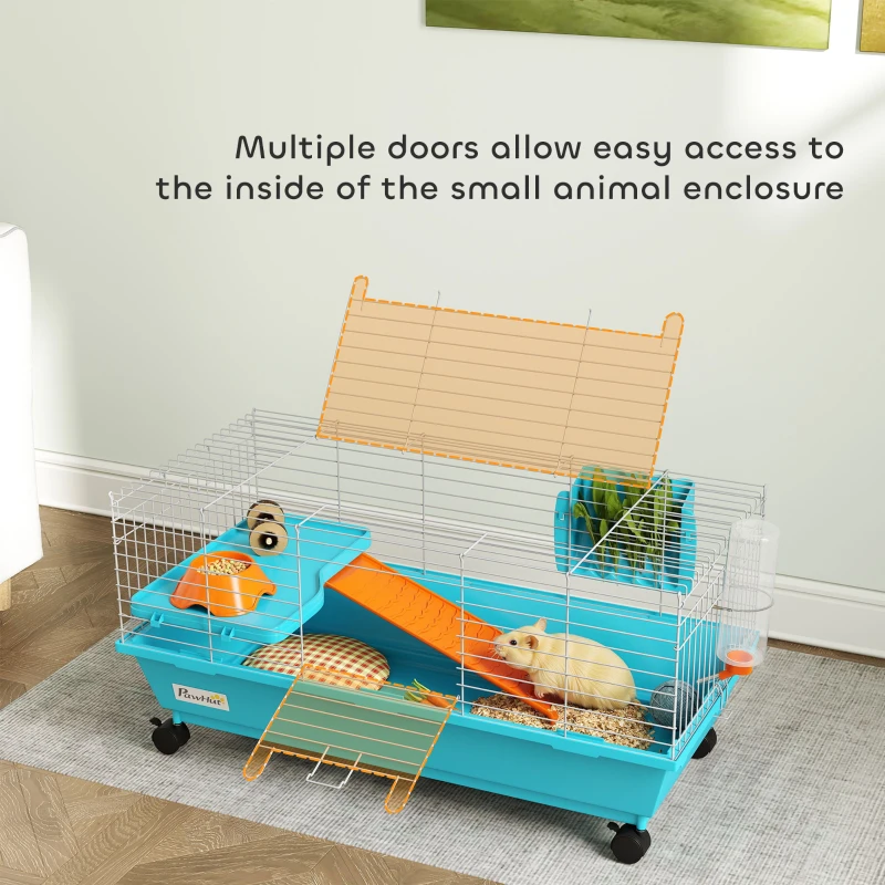 PawHut Small Animal Cage Rabbit Guinea Pigs Chinchillas Cage with Wheels Water Bottle