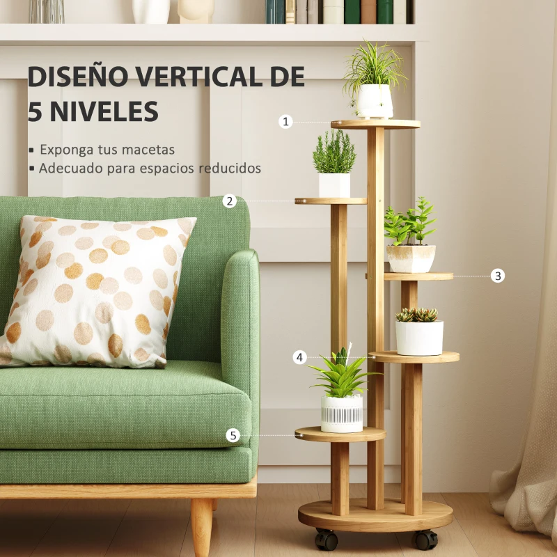 Outsunny Soporte para Plantas de Bambú con Ruedas de 5 Niveles Estantería Redonda para Plantas para Esquina 33x33x90 cm Natural