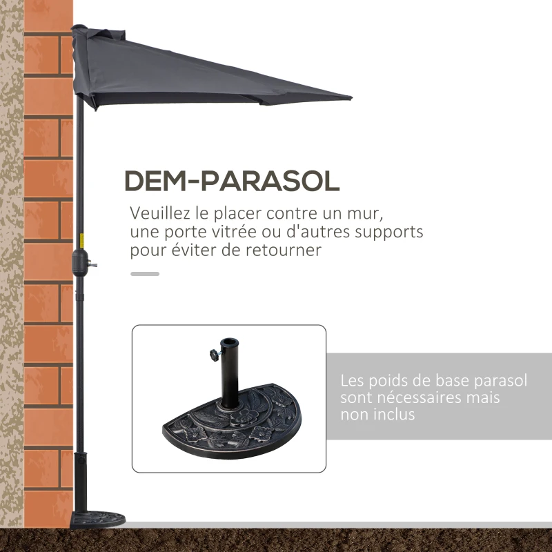 Outsunny Demi parasol parasol de balcon 5 entretoises métal cheminée incluse 2,93 x 1,5 x 2,49 m polyester haute densité gris