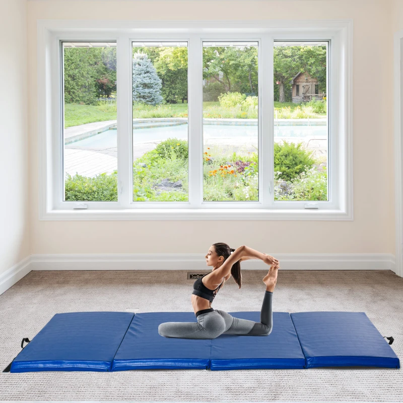 HOMCOM Tapis de sol gymnastique Fitness pliable portable rembourrage mousse 5 cm grand confort revêtement synthétique dim. 2,88L m x 1,15l m bleu