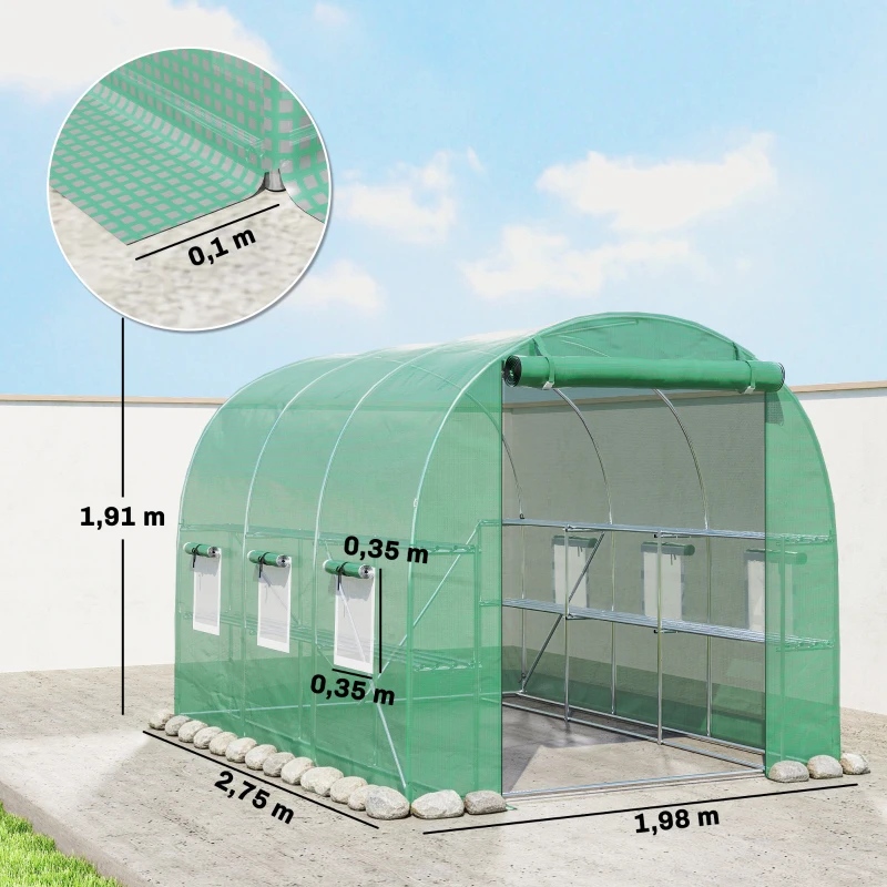 Outsunny Szklarnia ok. 2,7 x 2 x 2 m tunel foliowy z półkami, rolowane drzwi na zamek błyskawiczny, 6 okien siatkowych, wsporniki