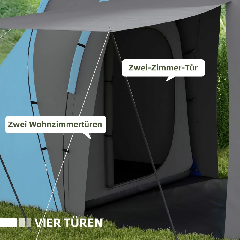 Outsunny Tunnelzelt, 2000mm Wasserabweisend Campingzelt für 4-6 Personen, mit 2 Schlafzimmern Wohnbereich Tragetasche Grau+Blau