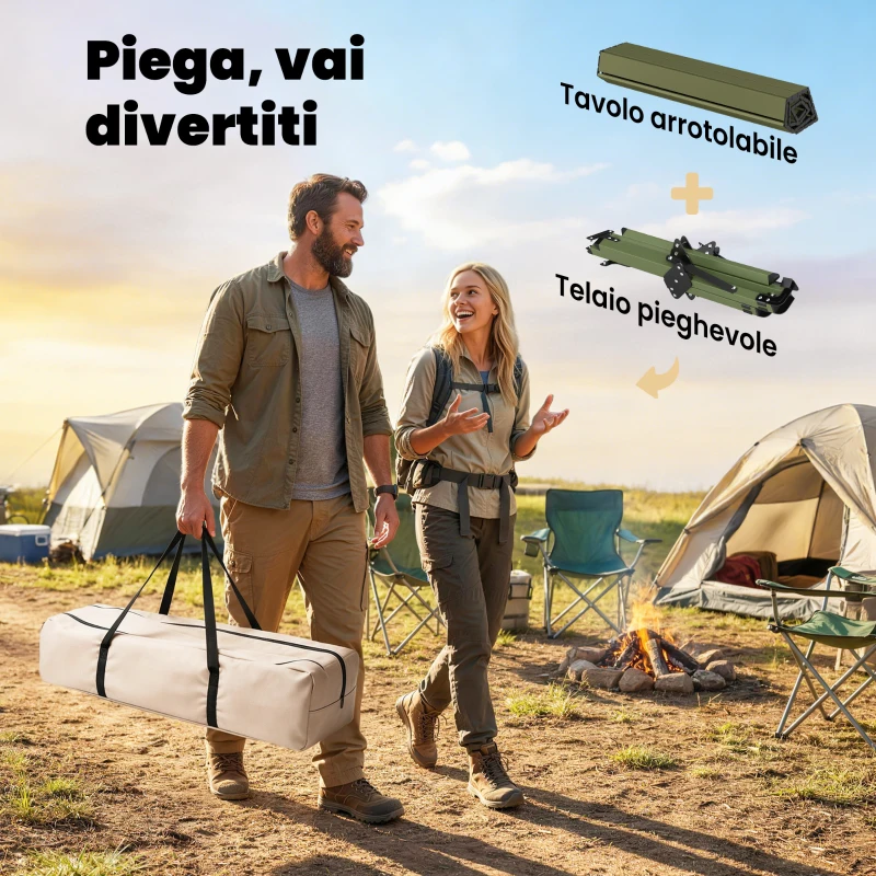 Outsunny Tavolo da Campeggio Pieghevole 116 cm, Tavolo da Picnic Impermeabile con Piano Arrotolabile e Struttura in Metallo, Portatile per Giardino, Parco, BBQ, Verde