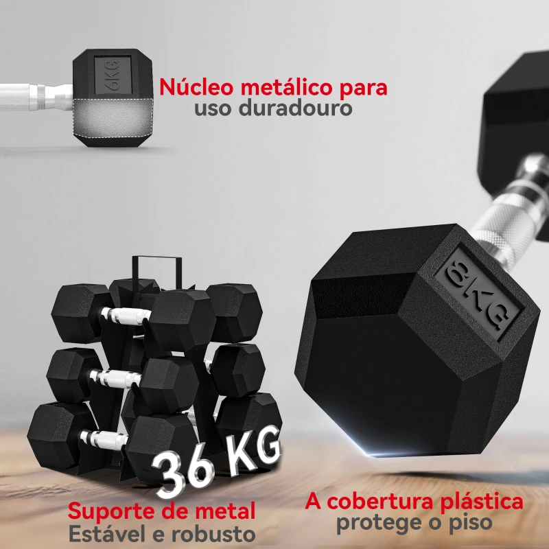 SPORTNOW Conjunto de Halteres 2x4kg 2x6kg 2x8kg com Suporte de Armazenamento para Exercício e Treino Preto