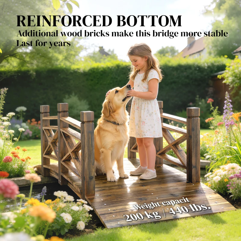 Outsunny Drewniany Mostek z Balustradami, Ogrodowy Mostek z Drewna Jodłowego, Dekoracyjny Rustykalny Mostek, 174 x 78 x 57,5 cm, Spalony