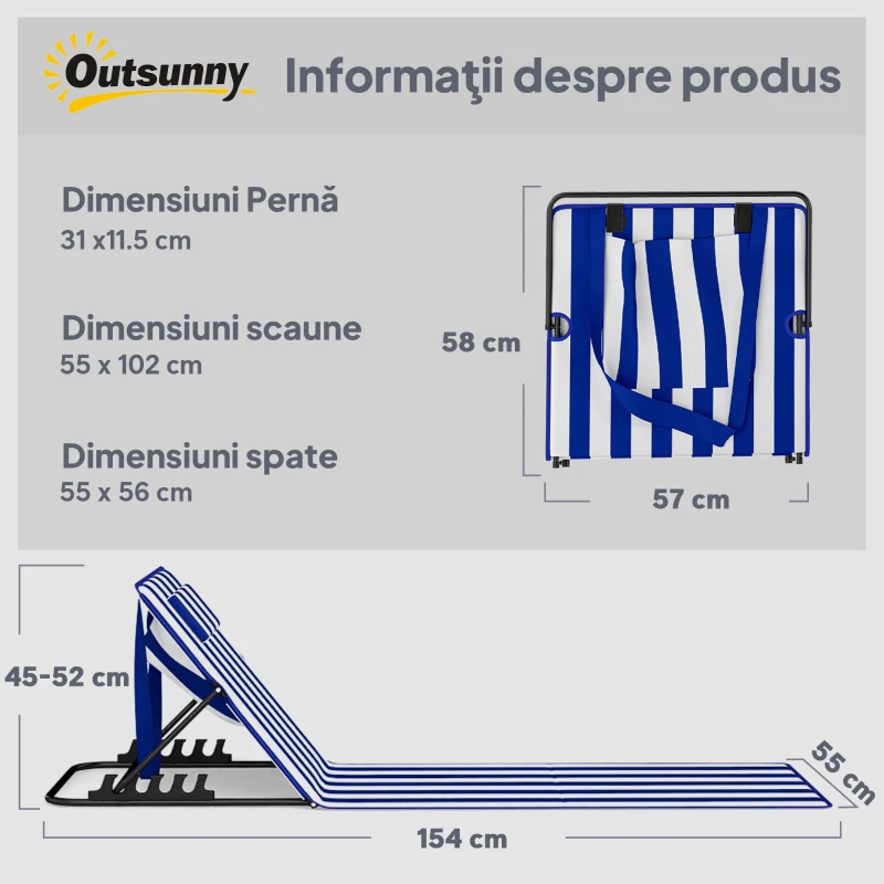 Outsunny Set 2 Saltele de Plajă cu Spătar Reglabil pe 4 Nivele, din Oțel și Poliester, 154x57x52 cm, Albastru și Alb