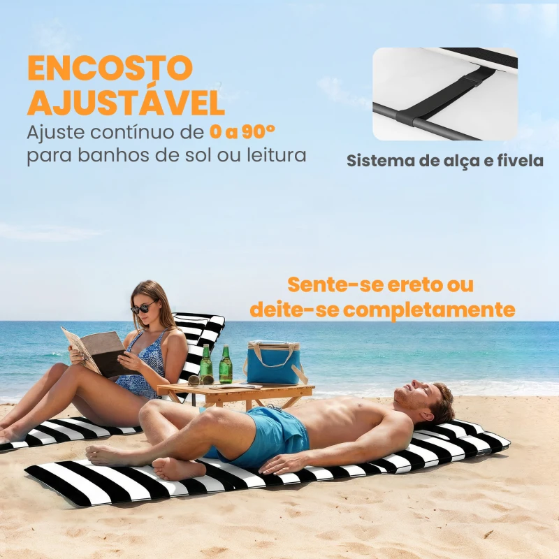Outsunny Conjunto de 2 Esteiras de Praia Dobráveis com Encosto Ajustável e Encosto Acolchoado, 146x50x2 cm, Cinzento e Branco