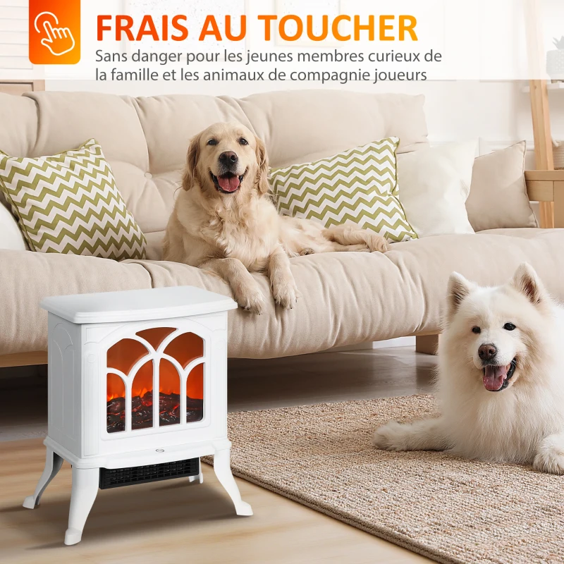 HOMCOM Cheminée électrique sur pied 750/1500 W, fausse cheminée décorative avec effet flamme LED, 37,3 x 23,1 x 44 cm, blanc