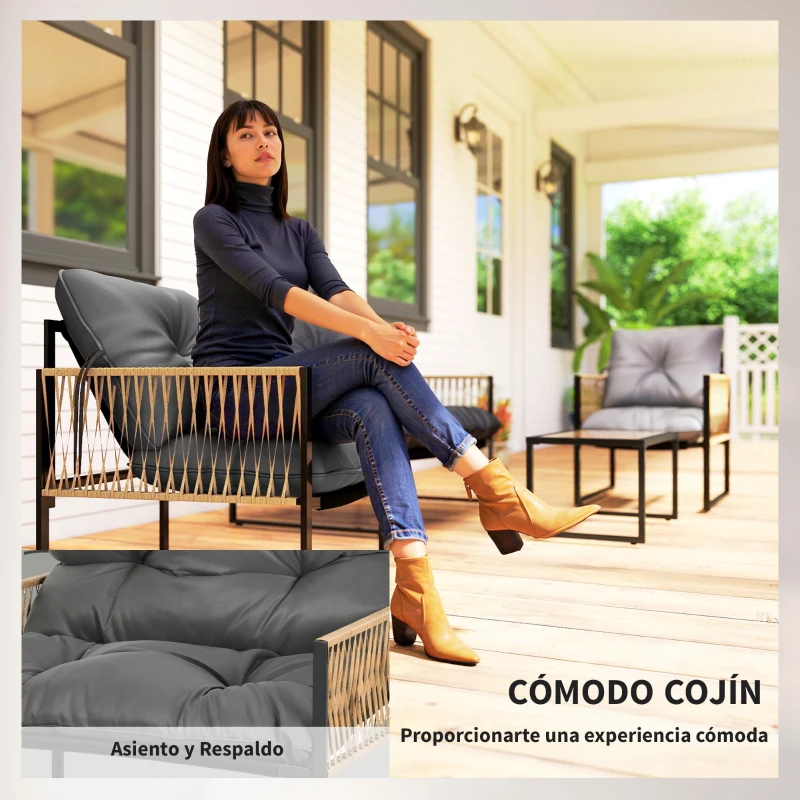 Outsunny Conjunto de Jardín Exterior de Ratán Sintético con 2 Sillones 1 Sofá de 2 Plazas 1 Mesa de Centro y Cojines Gris