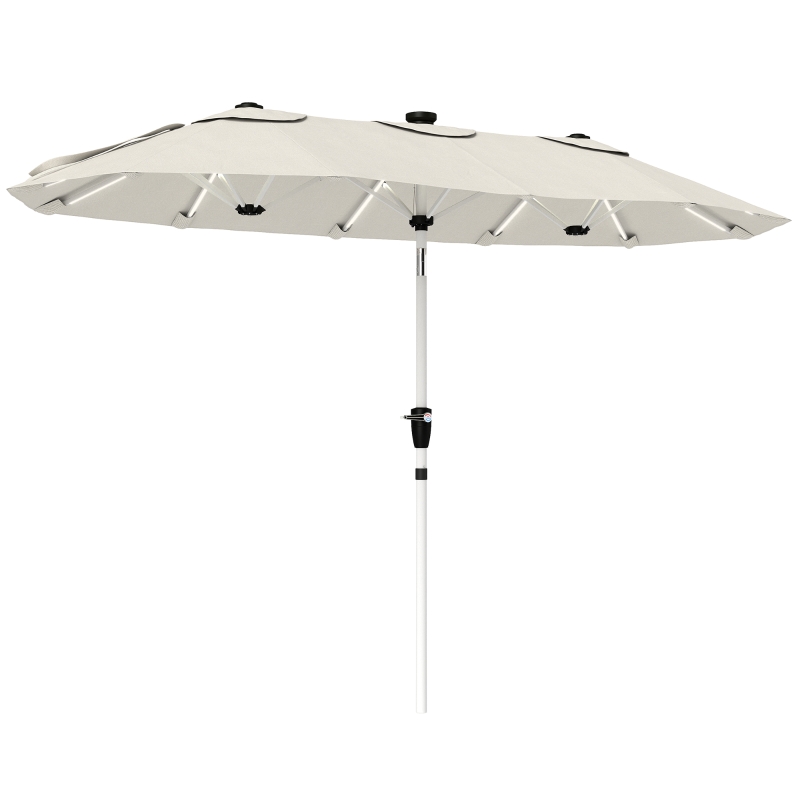 Outsunny 3 m Double-Sided Garden Parasol with LED Solar Lights, Outdoor Extra Large Sun Umbrella with Crank Handle, Cream White