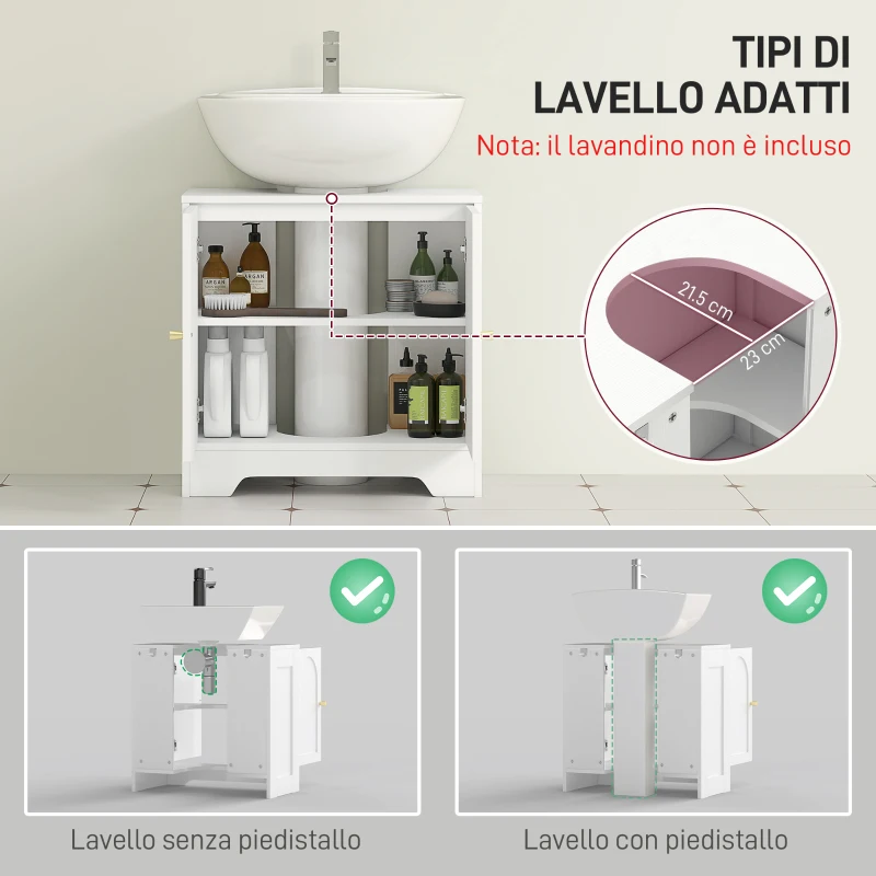 HOMCOM Mobile Sotto Lavabo Bagno a 2 Ante con Ripiano Regolabile su 3 Livelli, in Legno, 60x30x65 cm, Bianco