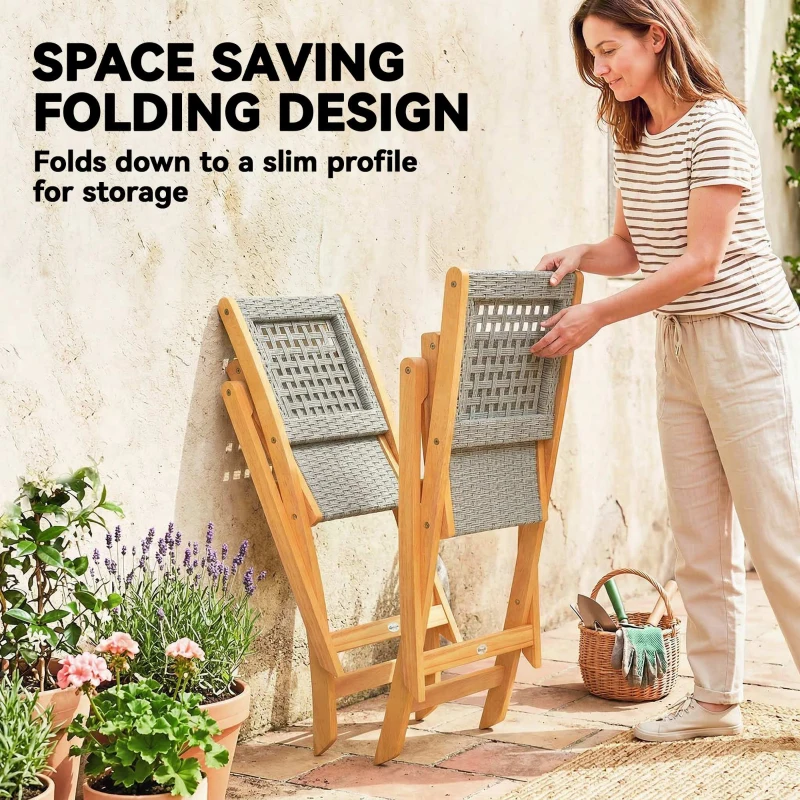 Outsunny Tuinstoelen Set van 2 FSC Klapstoel met Ademend Zitvlak van Massiefhout & Polyrattan