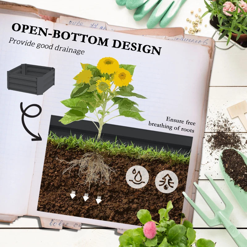 Outsunny Podwyższona Grządka z Kratką, Donica z Podporą, Otwarte Dno, Odporna na Warunki Atmosferyczne, 61 cm x 61 cm x 140 cm, Ciemnoszary