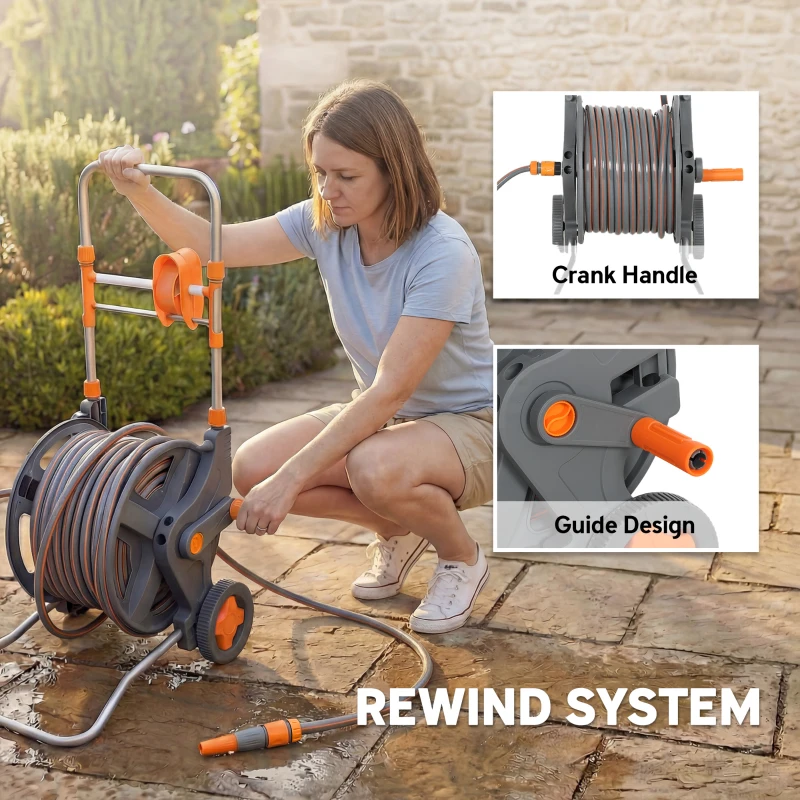 Outsunny Hose Reel Cart with Wheels, 45+2m Garden Hose Reel with 2 Patterns Nozzle, Faucet Adaptors and Rewind Handle, Orange