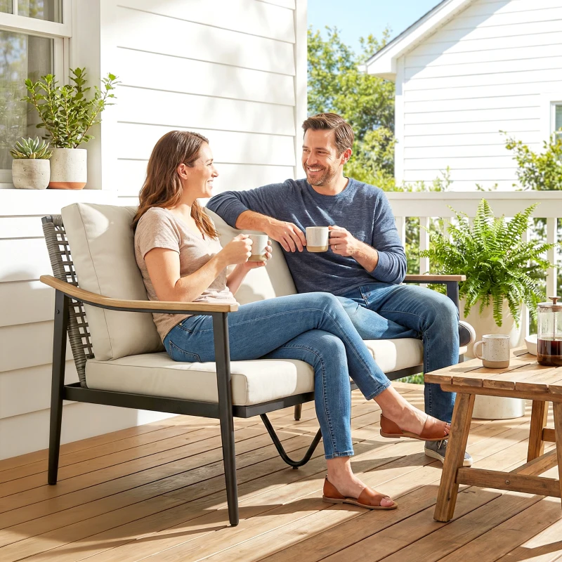 Outsunny 2 Seater Rattan Sofa, Outdoor Garden Sofa with Wood-Effect Armrests, Cushions for Patio, Balcony, Khaki